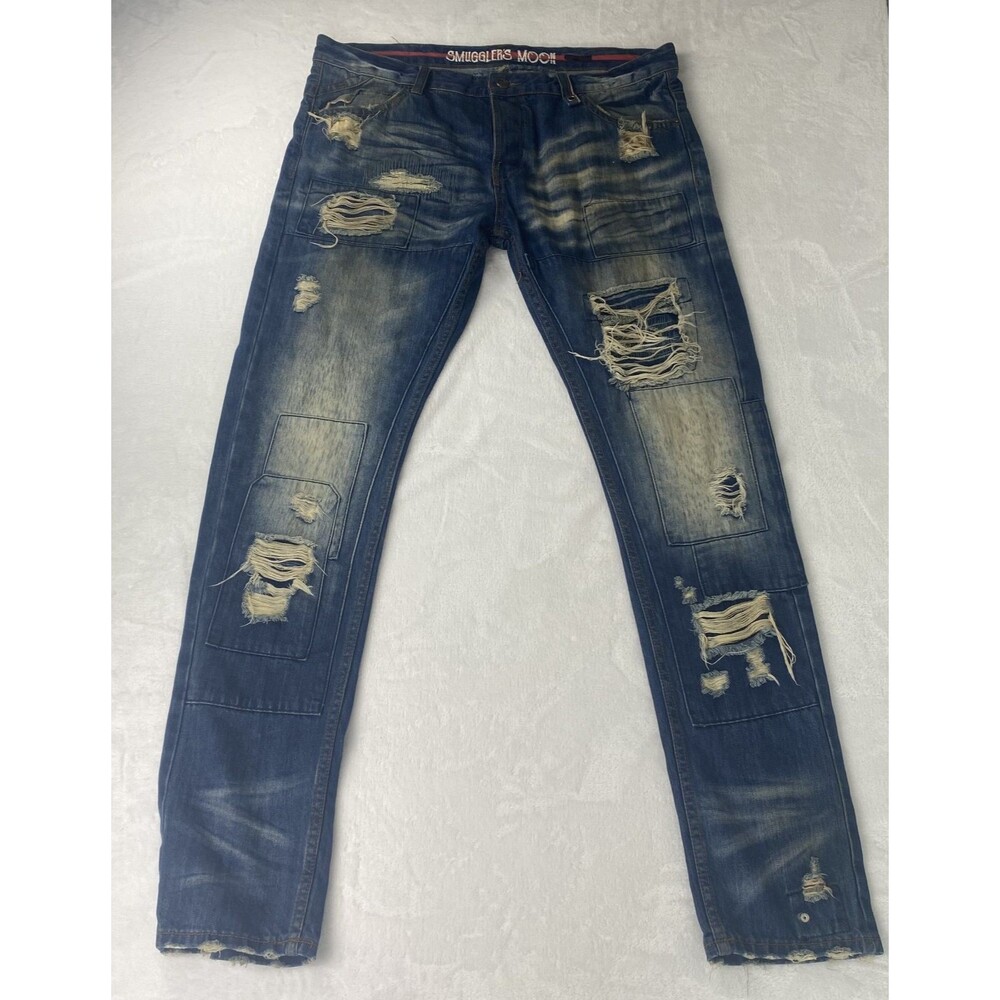 Smugglers Moon Skinny Jeans Men 40x36 Destroyed Rip Wash Repair Stitching
